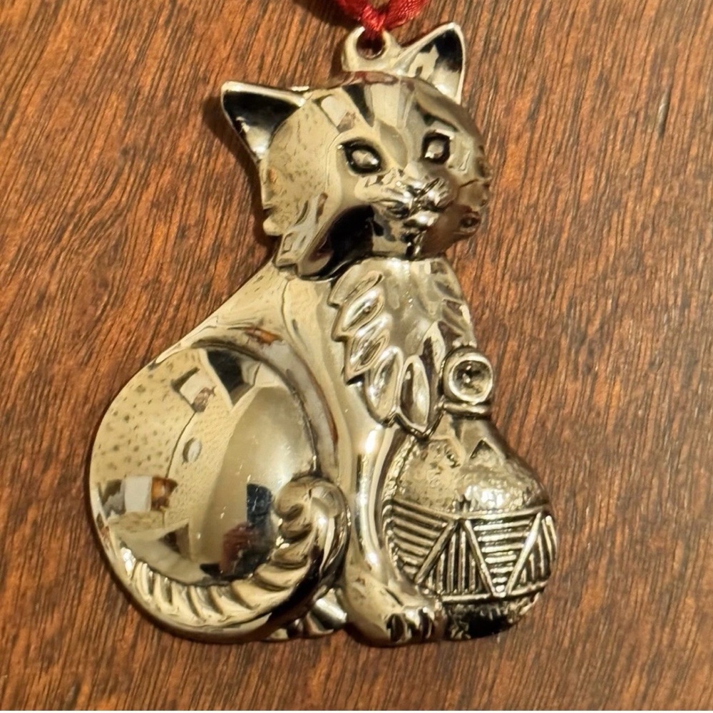 Gorham Silver Cat Ornament with Red Ribbon